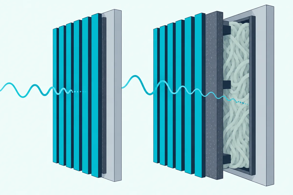 Two slat panel builds side by side, one thin felt flat to the wall and one thick felt over an air gap with wool