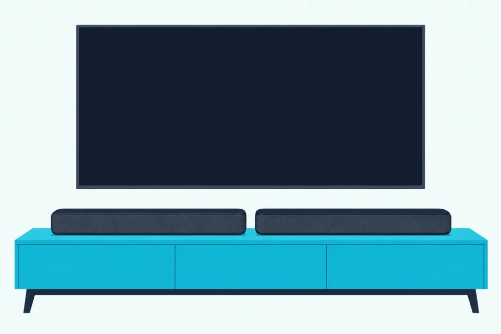 Two small dark soundbars side by side on a low media console under a wall-mounted TV with a blank screen