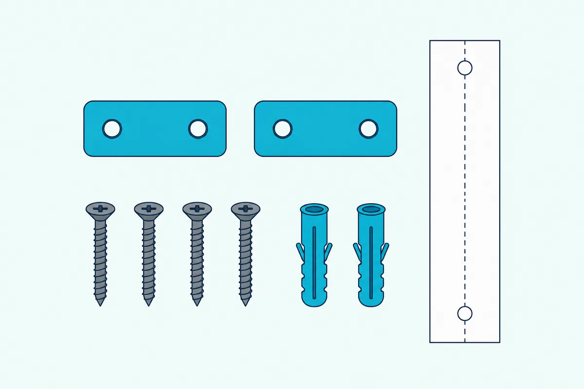 Two small flat metal wall brackets, a row of screws and two wall plugs beside a blank paper template