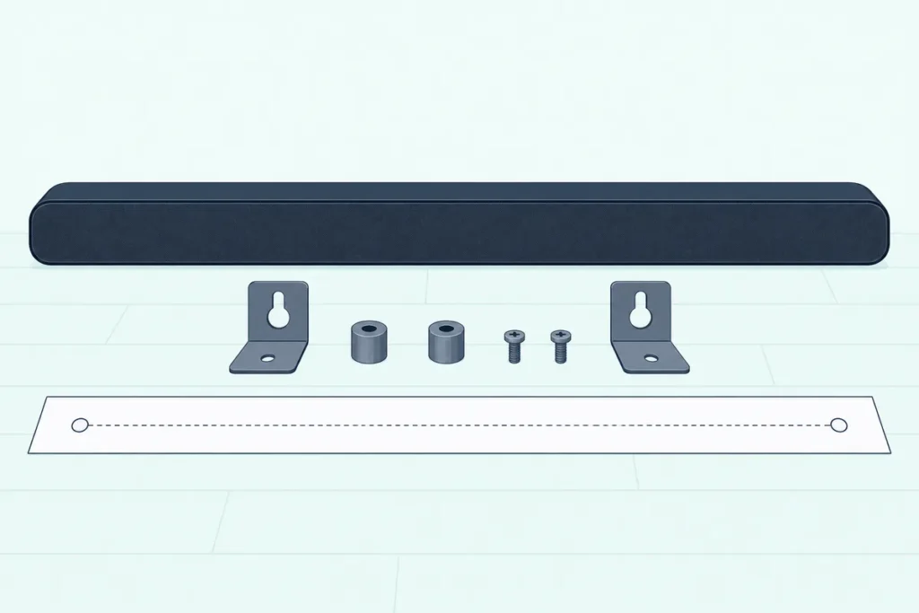 Two small L-shaped brackets, two round holder screws and a long paper guide laid out in front of a slim soundbar