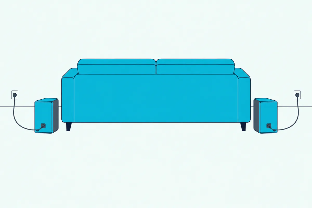 Two small rear speakers at either end of a sofa, each with a power cord running to its own wall outlet