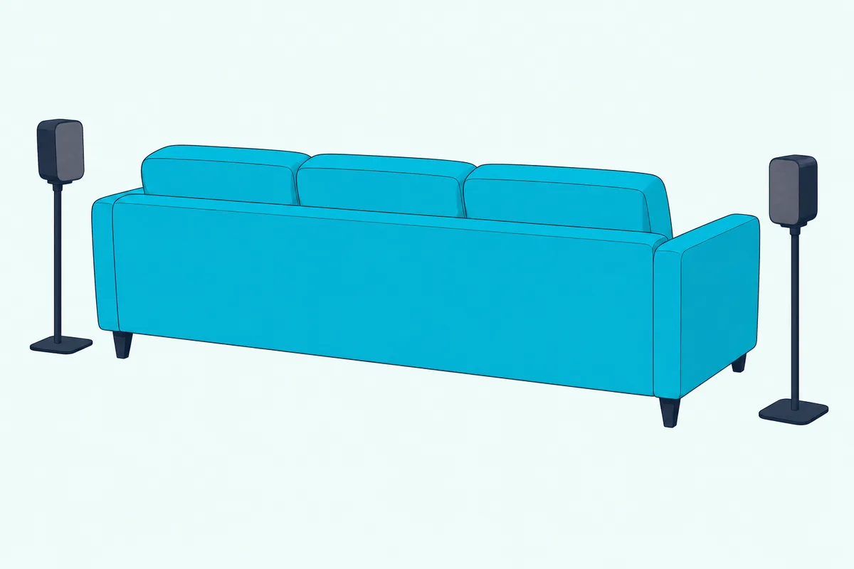 Two small rear speakers on stands beside a sofa in a living room
