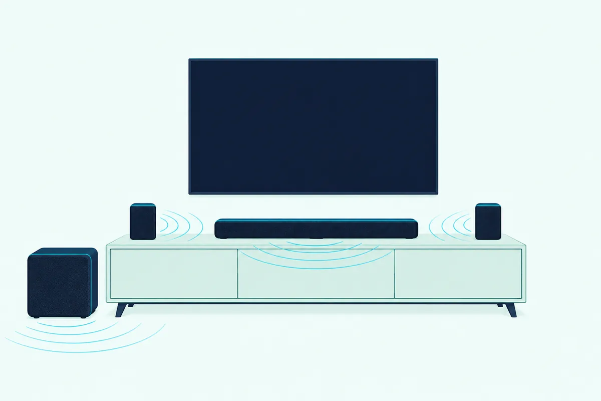 Two small speakers at the ends of a low console beside a soundbar under a blank TV, a cube subwoofer on the floor