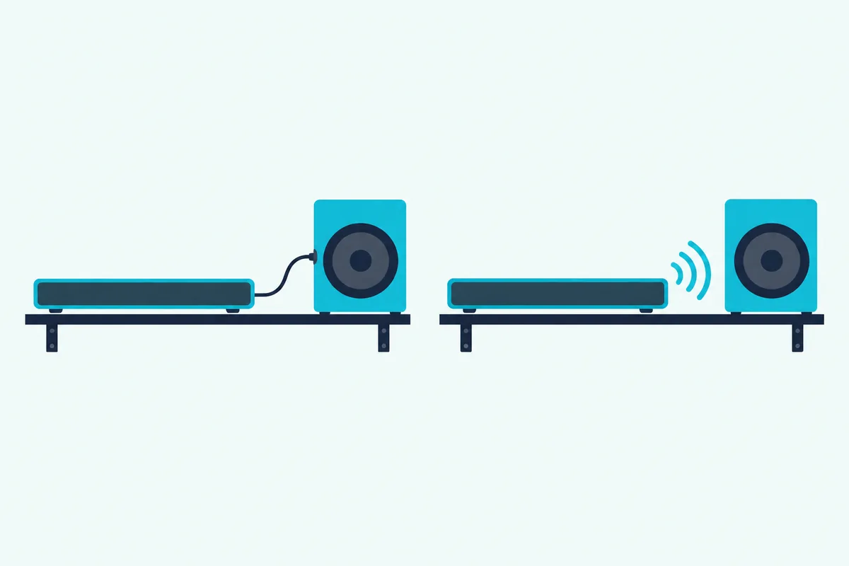 Two sound bars, one joined to a subwoofer by a cable and one linked to a subwoofer by curved wireless arcs