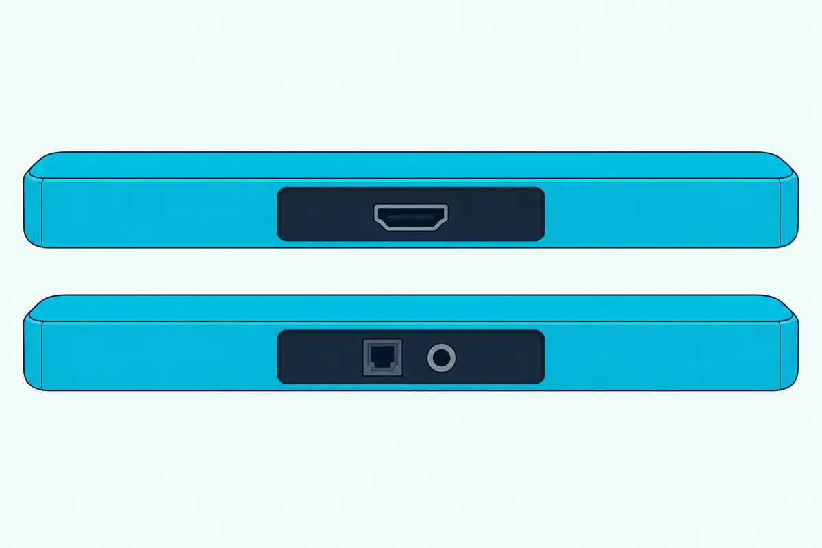 Back panels of two slim soundbars, one with a single wide flat port and one with a small square port and a round jack