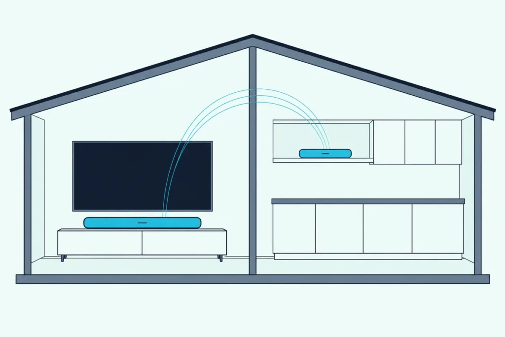 Two soundbars in neighboring rooms linked by faint wireless lines, one under a TV and one on a kitchen shelf