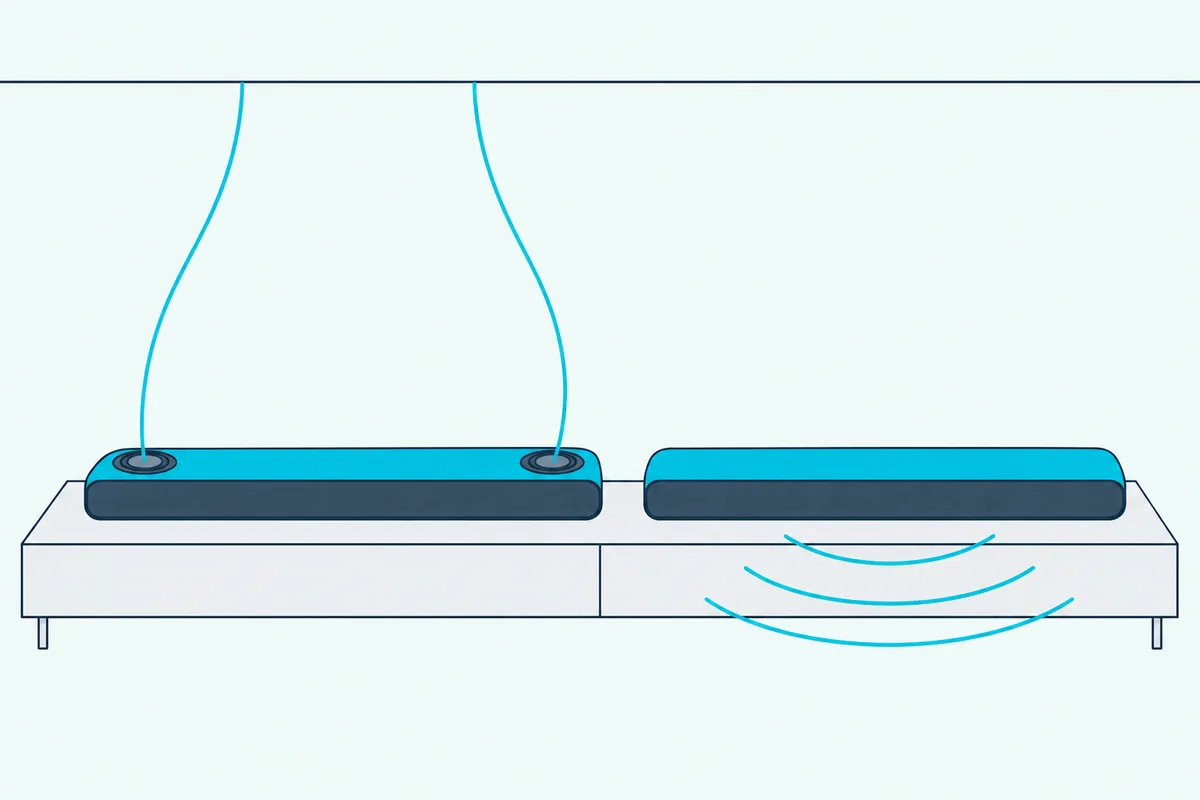 Two slim soundbars on a TV stand, one with small cones on its top aimed at the ceiling and one with a plain flat top