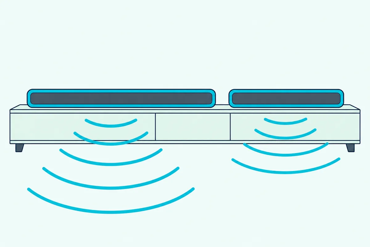 Two soundbars side by side on one long stand with slightly offset sound waves coming from each