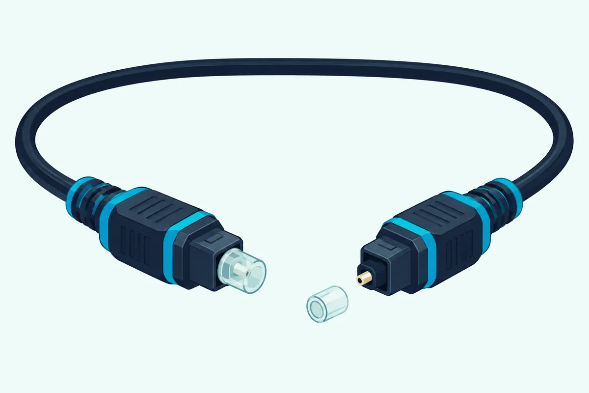 Two square optical cable plugs on a table, one with its small clear protective cap pulled off and lying beside it