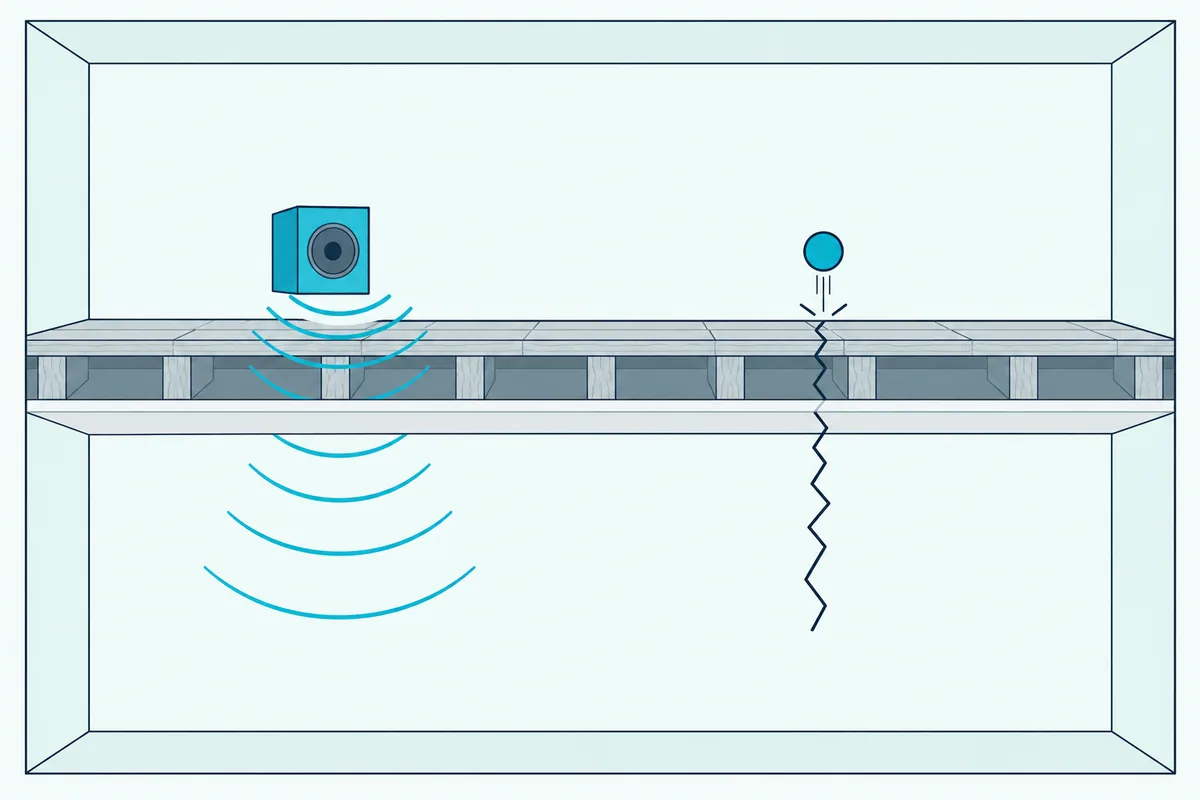 Two stacked rooms in cutaway with sound arcs from a loudspeaker and impact lines from a bouncing ball crossing the ceiling