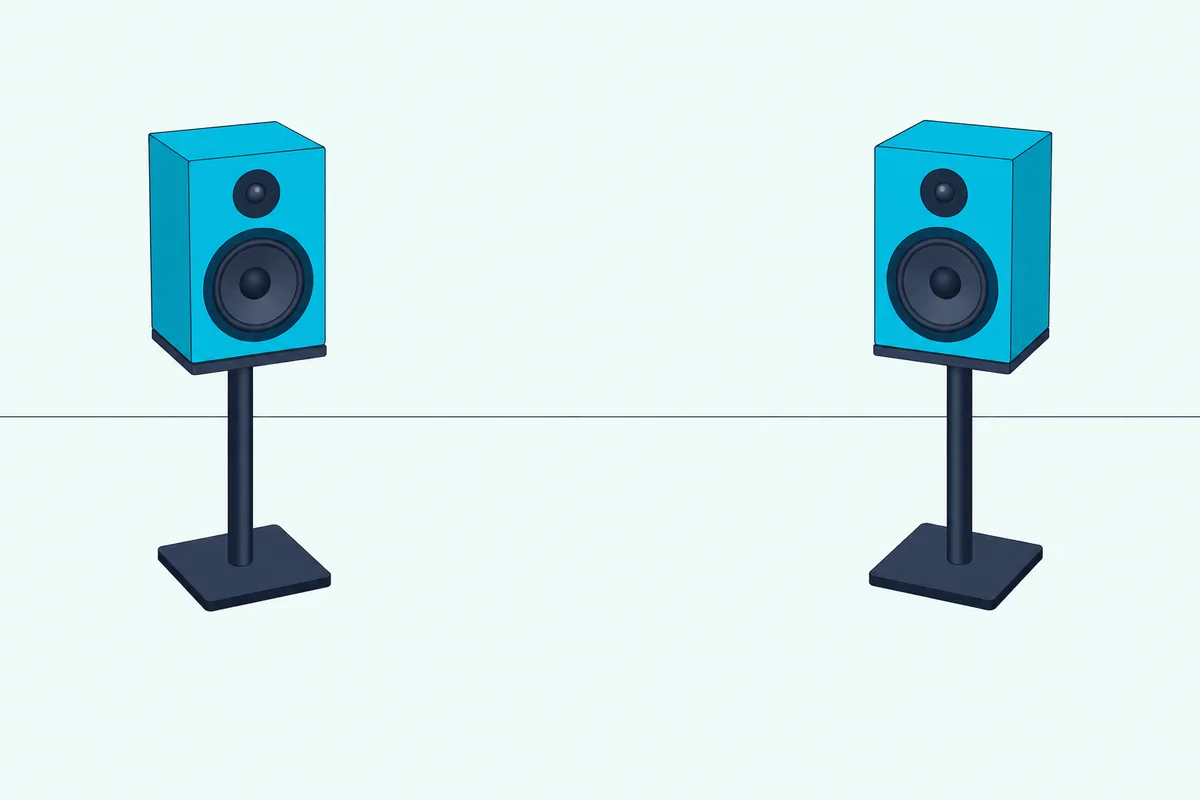 Two studio monitors on stands set a short distance in front of a plain wall, with a clear gap behind them