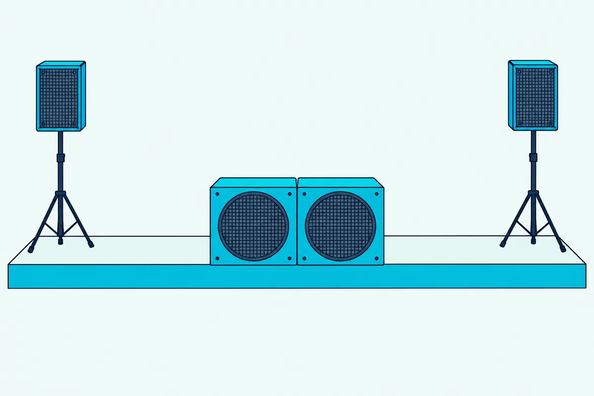 Two subwoofers side by side at the center front of a small stage with a speaker on a stand at each end