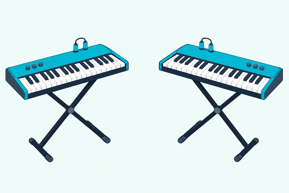 Two synthesizers on stands, each with a small adapter in its back panel, with no computer and no cable between them