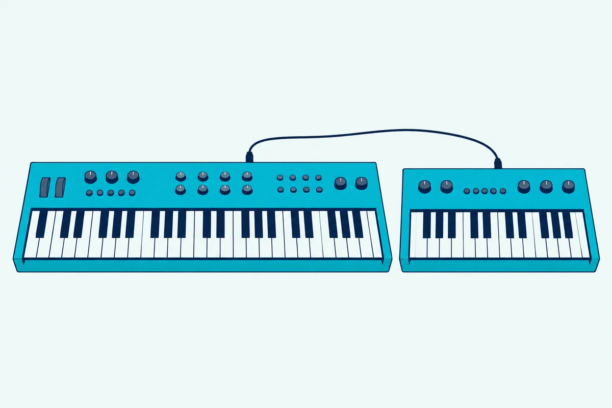 Two synthesizers side by side with a cable running from the back of one to the back of the other