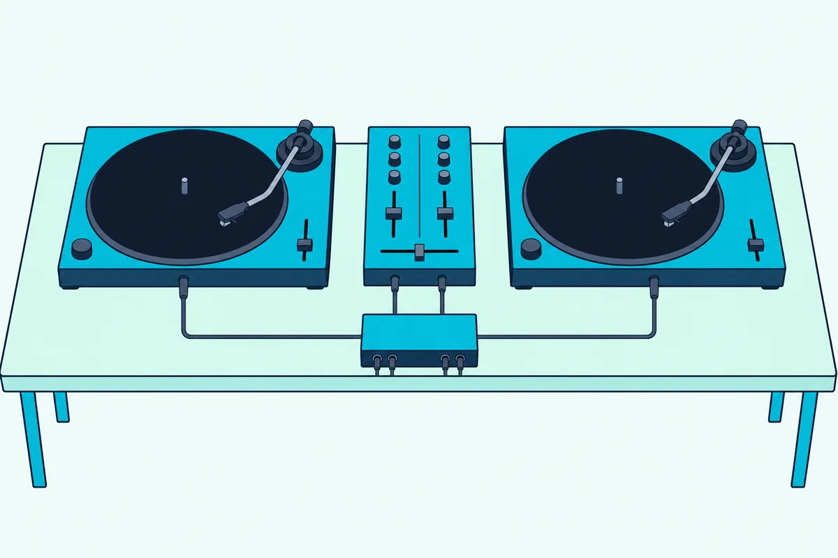 Two turntables cabled through a small interface box into a two-channel DJ mixer on a table