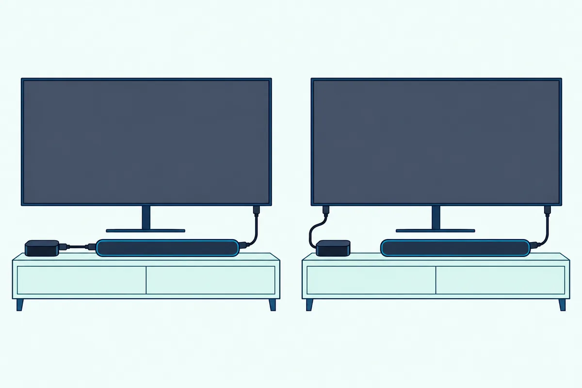 Two TV setups side by side, a streaming box cabled into the soundbar on one and into the TV on the other