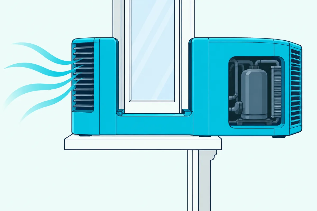 U-shaped window air conditioner straddling a windowsill with the window closed between its indoor and outdoor halves