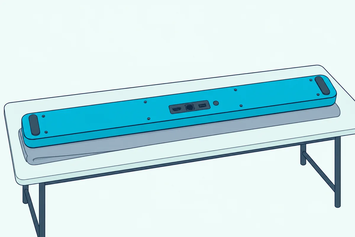 Underside of a long soundbar resting upside down on a soft cloth, with a row of plain ports and one small round button