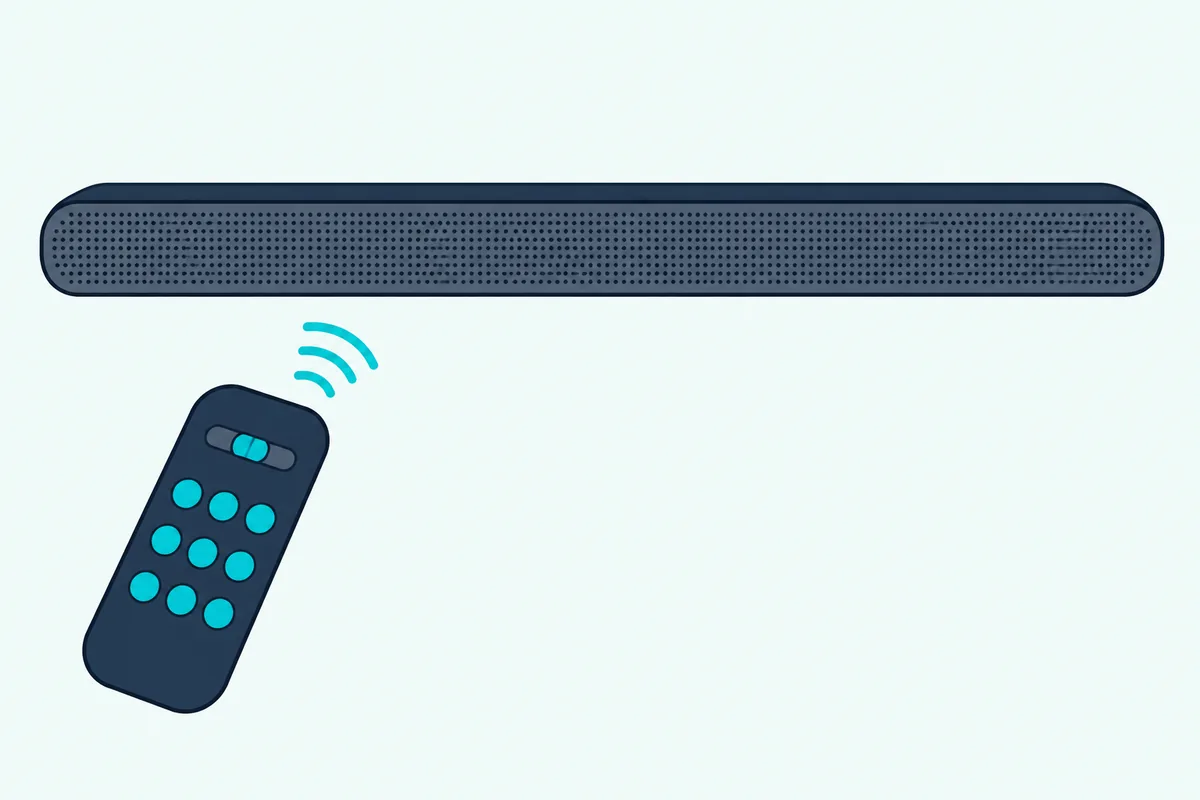 A universal remote with a slide switch pointing at a slim soundbar