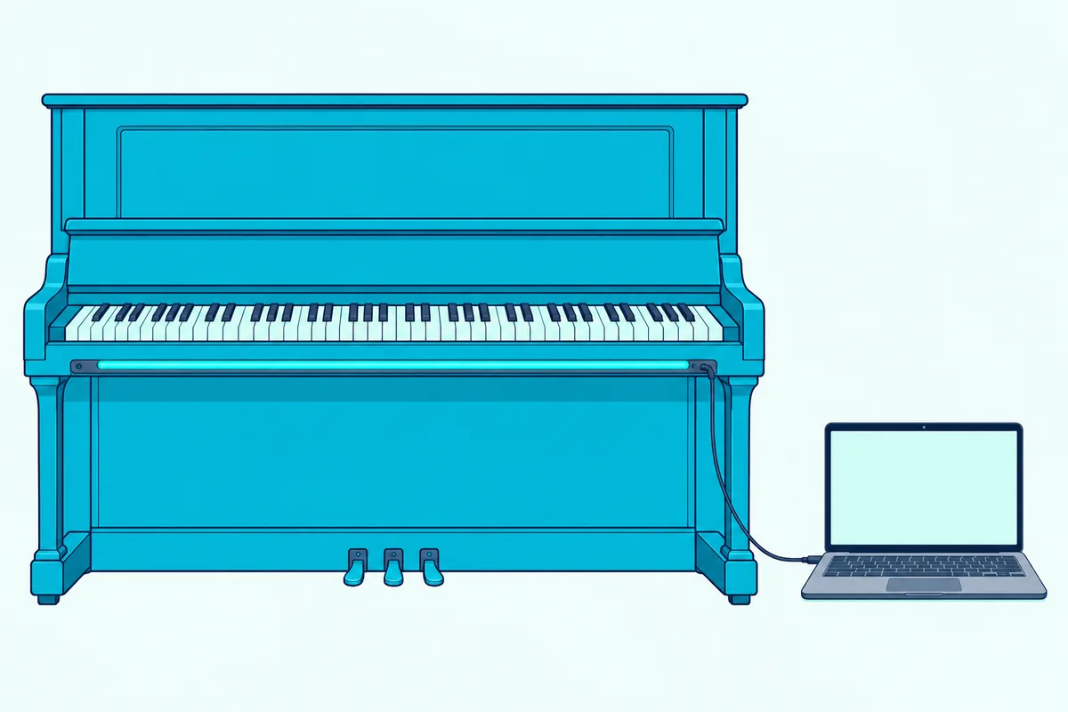 An upright piano with a slim sensor strip under its keys and a cable running to a laptop