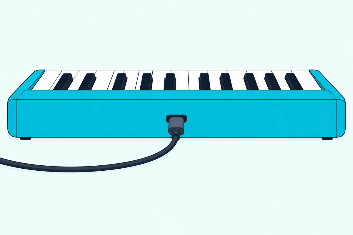 A USB-C cable plugged into the back panel of a compact 25-key MIDI keyboard on a desk