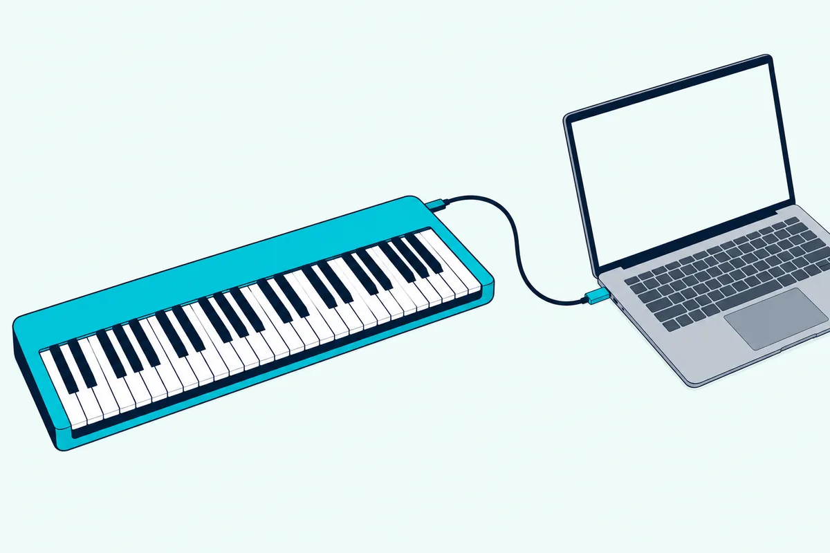 A USB cable running from a 49-key MIDI keyboard to the side of an open laptop with a blank screen
