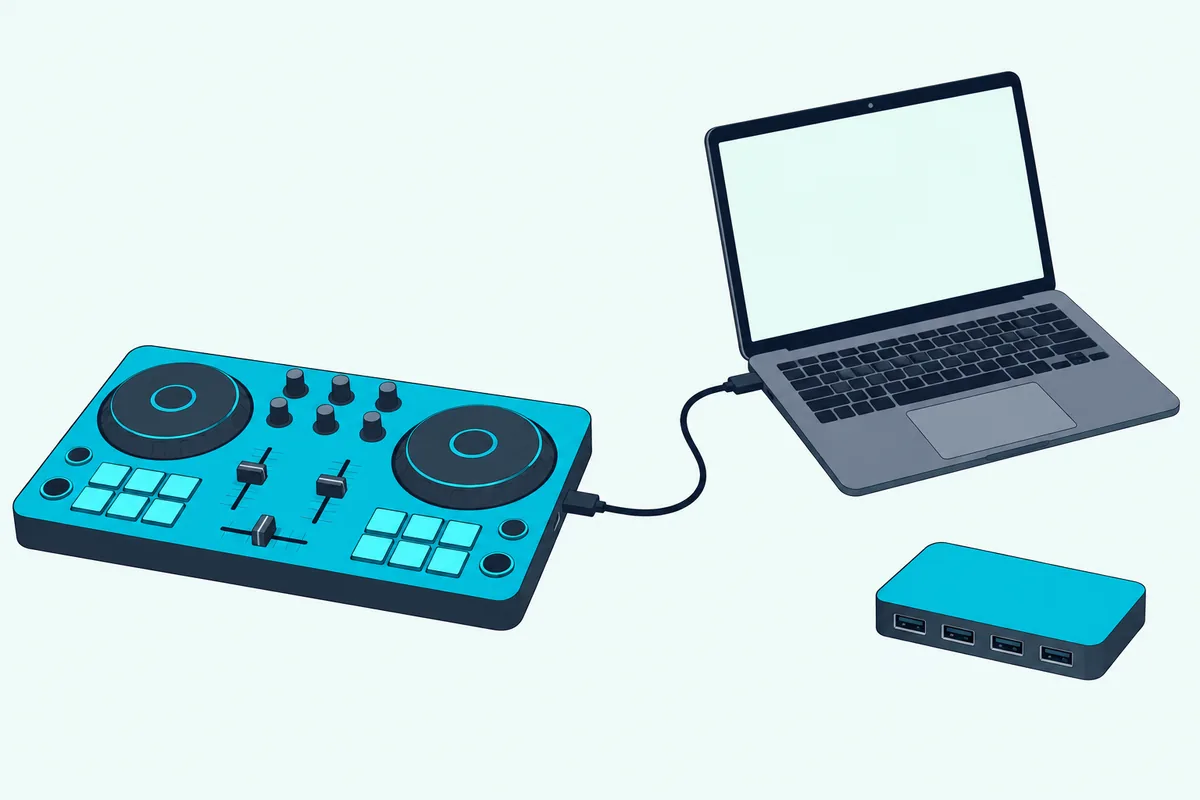 A USB cable running straight from a DJ controller to a laptop past an unused hub