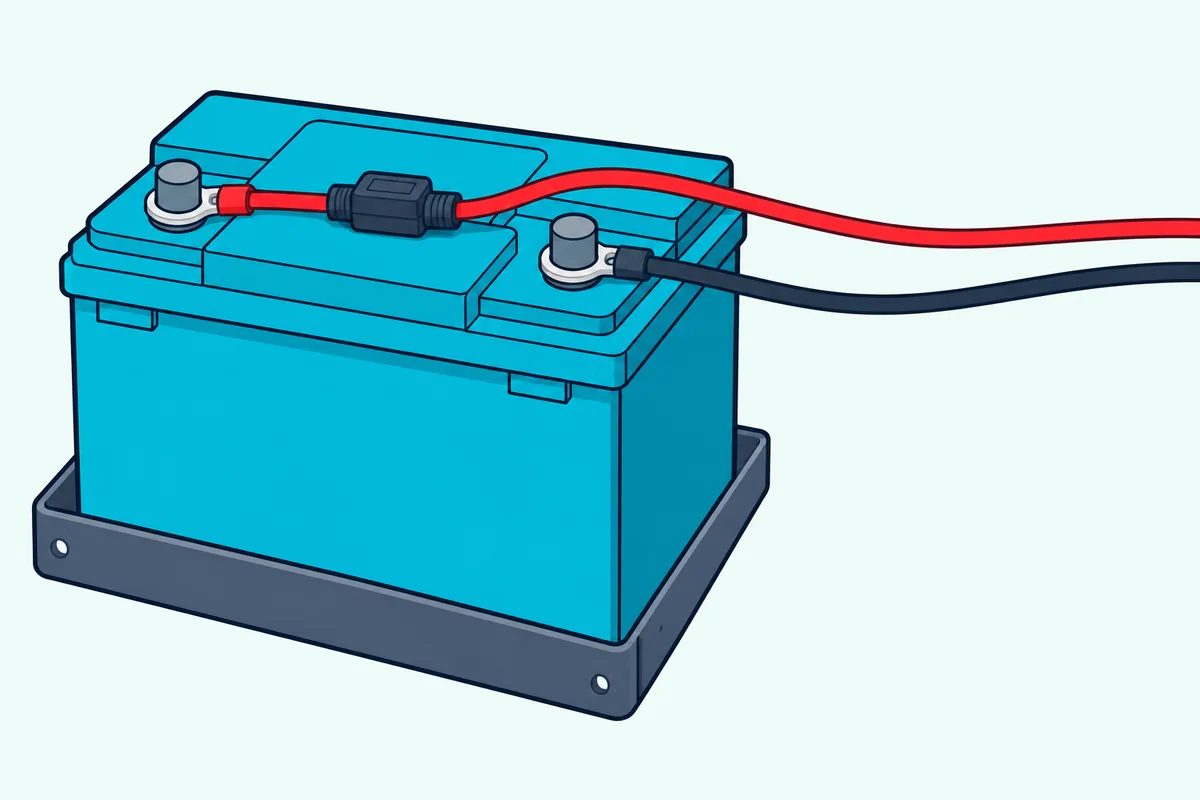 UTV battery with a red power wire through an inline fuse holder and a black ground wire on the negative post