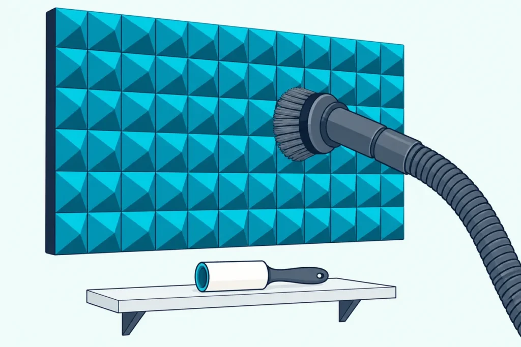 A vacuum hose with a soft brush attachment against a pyramid foam panel on a wall, with a lint roller nearby