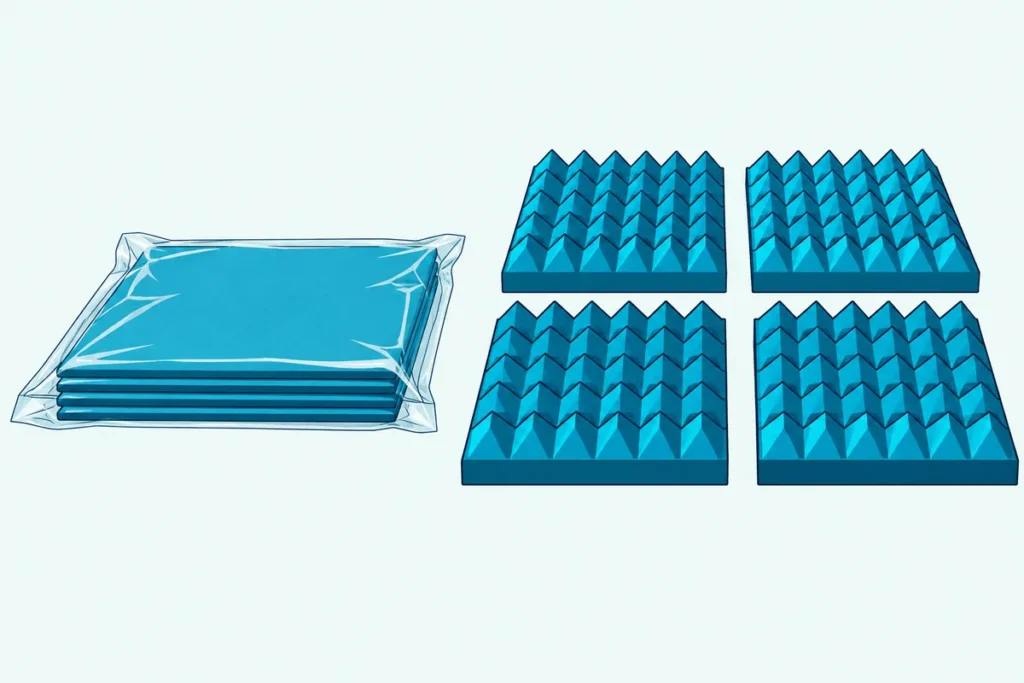 A vacuum-sealed bag of flat, squashed foam tiles beside the same tiles expanded to thick pyramids on the floor
