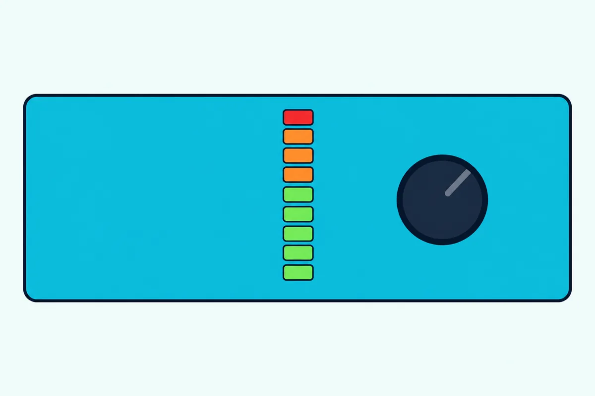 Vertical LED level meter with green lights at the bottom, orange near the top and one red light at the peak