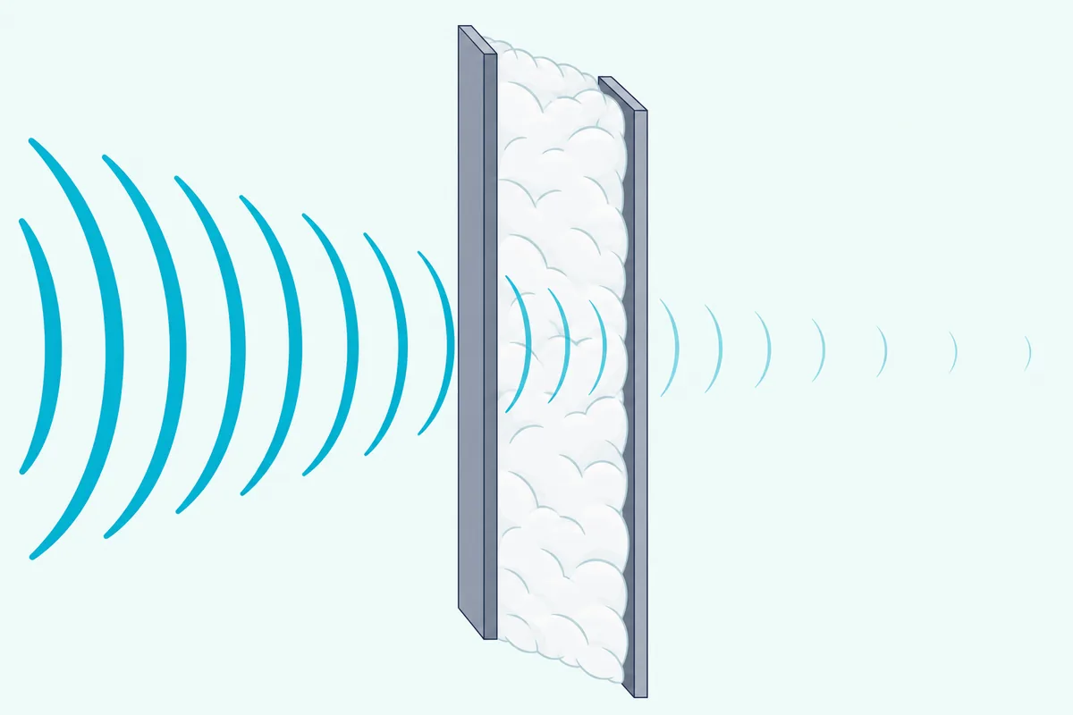 A wall cutaway with two gray layers, a gap filled with soft batting and sound-wave lines fading as they cross
