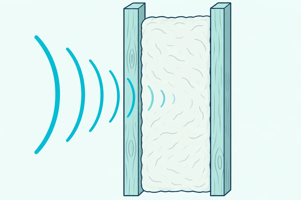A wall frame cutaway with a thick mineral wool batt pressed between two studs, sound waves fading inside it