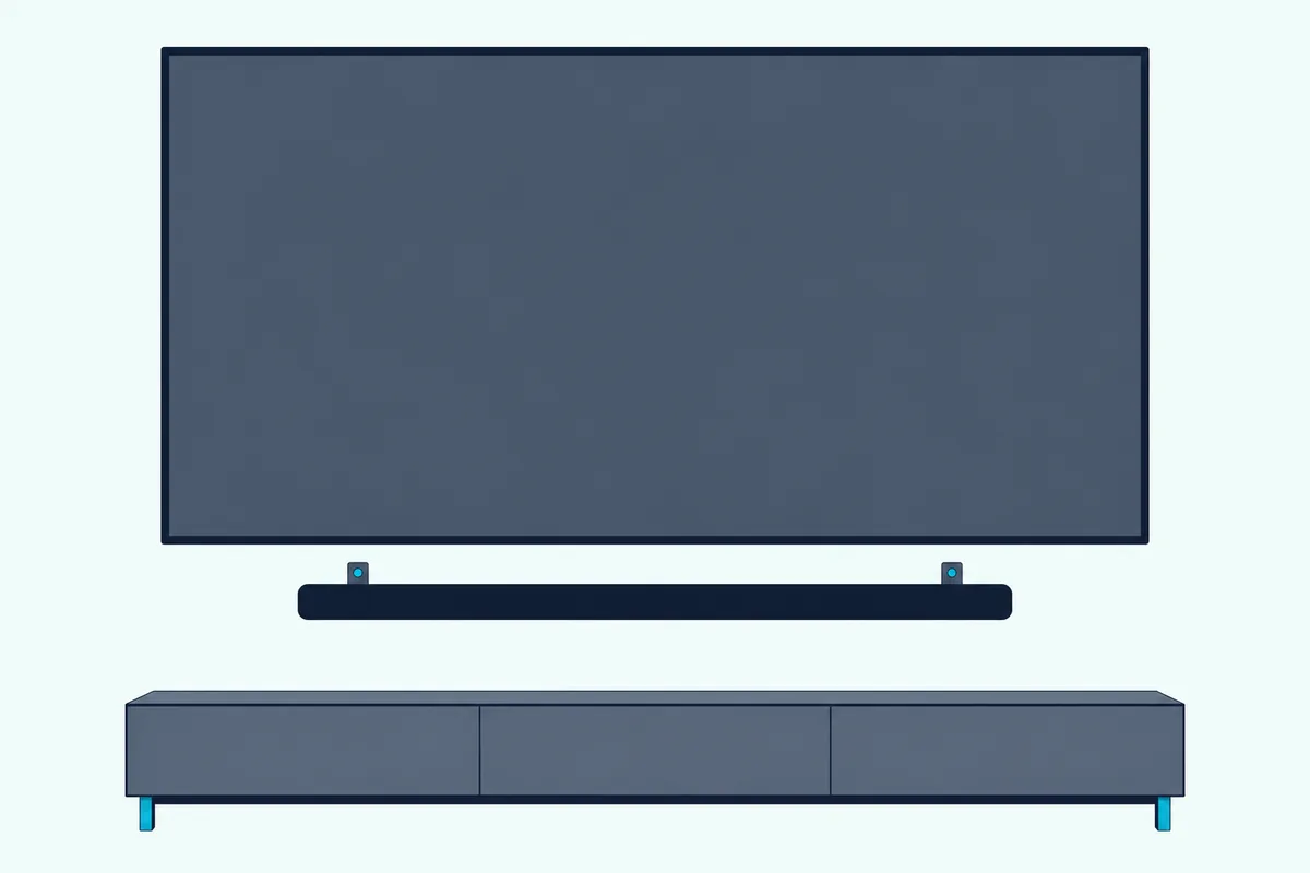 Large wall-mounted flat TV with a long soundbar mounted on the wall a short gap below it