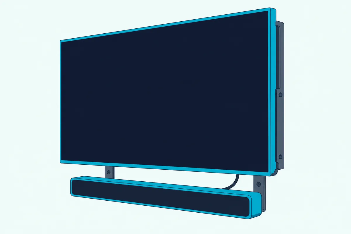 Wall-mounted TV seen from the side with a long bracket below it holding a slim soundbar centered under the screen
