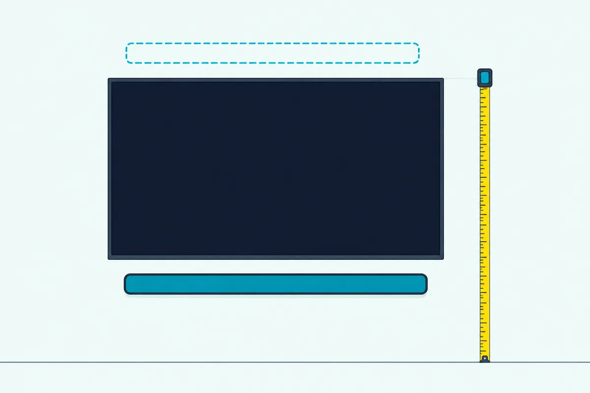 Slim soundbar below a wall-mounted TV, a dashed outline of it above the screen and a tape measure hanging beside them