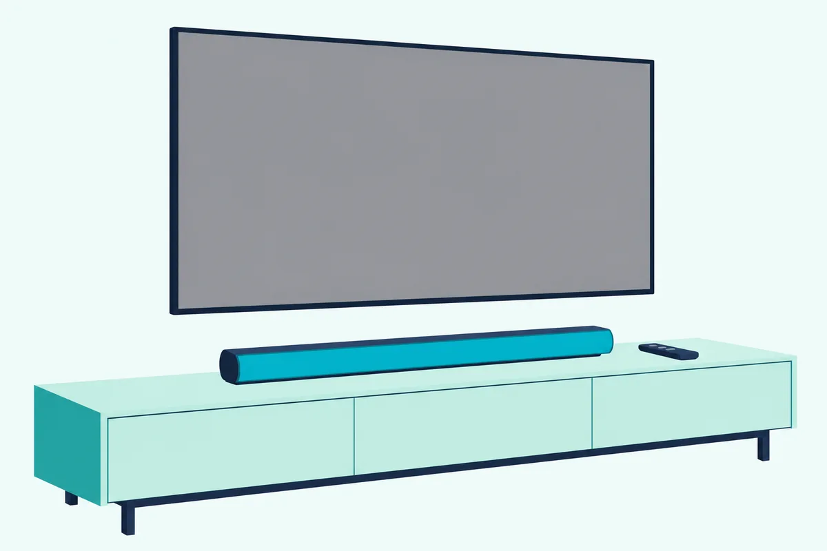 Wall-mounted TV with a blank gray screen above a slim soundbar on a console, with a TV remote lying on the console top