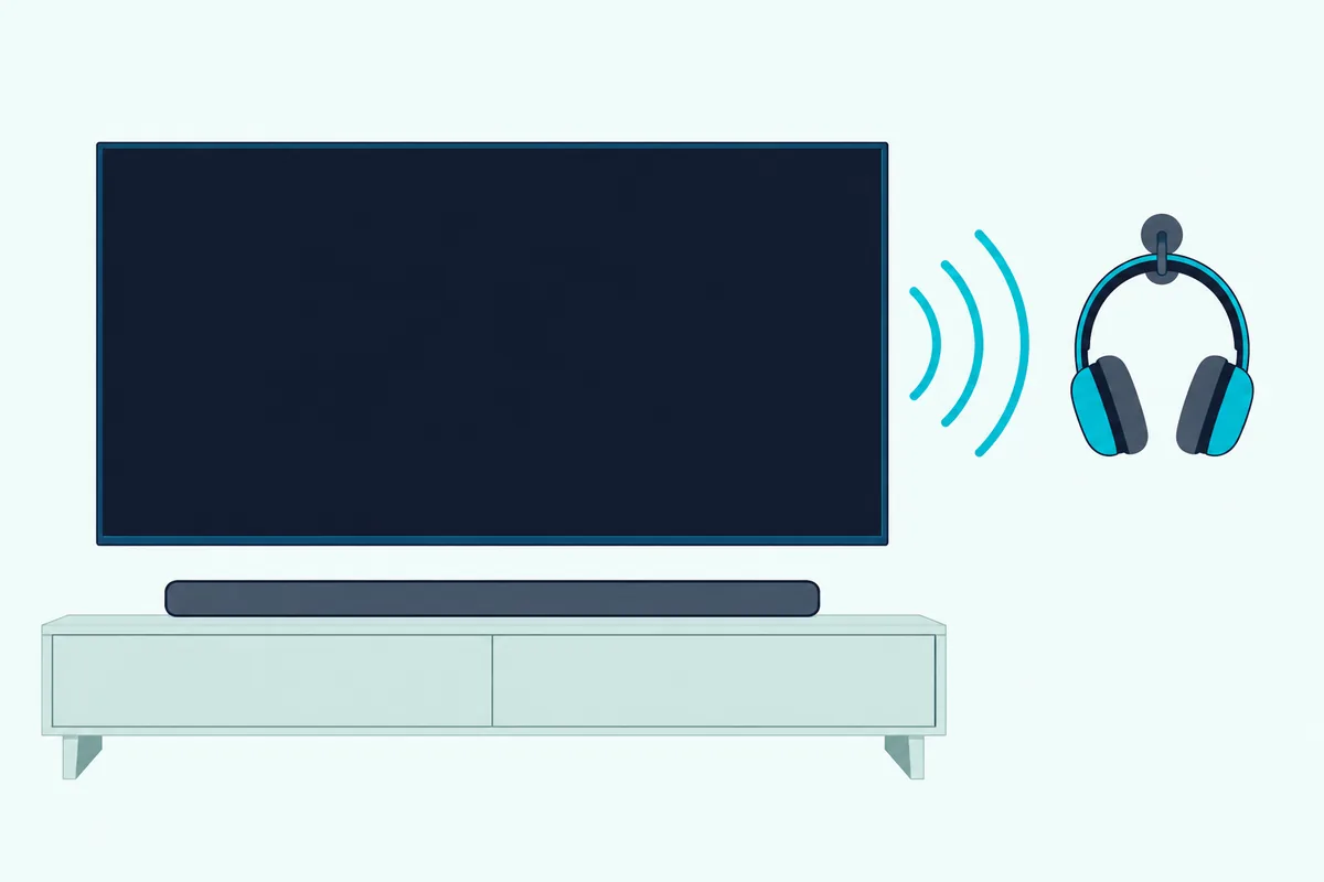 Wall-mounted TV with a blank screen sending thin wave arcs to over-ear headphones on a wall hook, a soundbar below