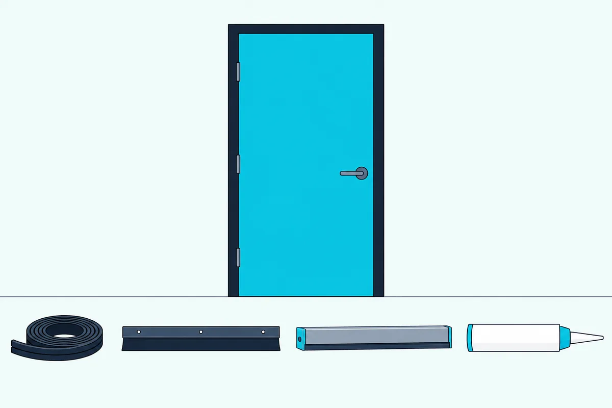 Weatherstripping, a door sweep, an automatic door bottom and a tube of acoustic sealant beside an interior door