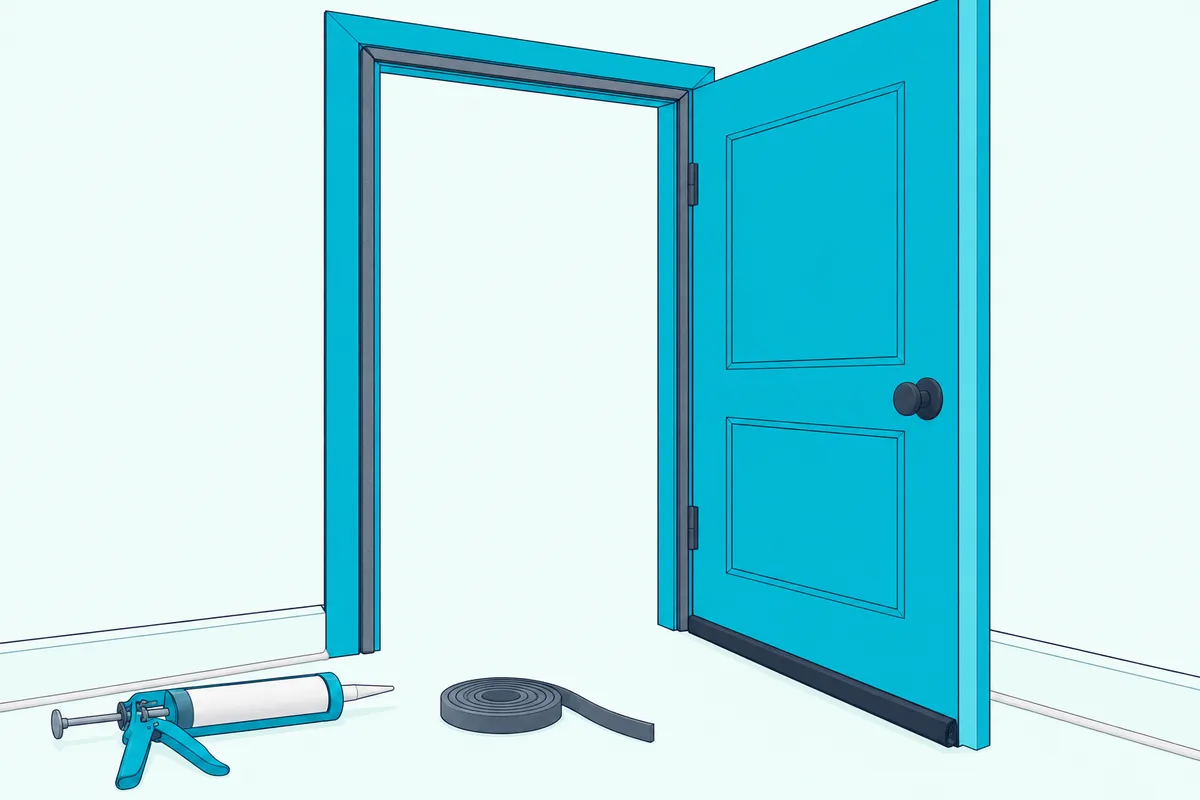 Weatherstripping pressed onto a door stop, with a door sweep on the open door and a caulk gun on the floor