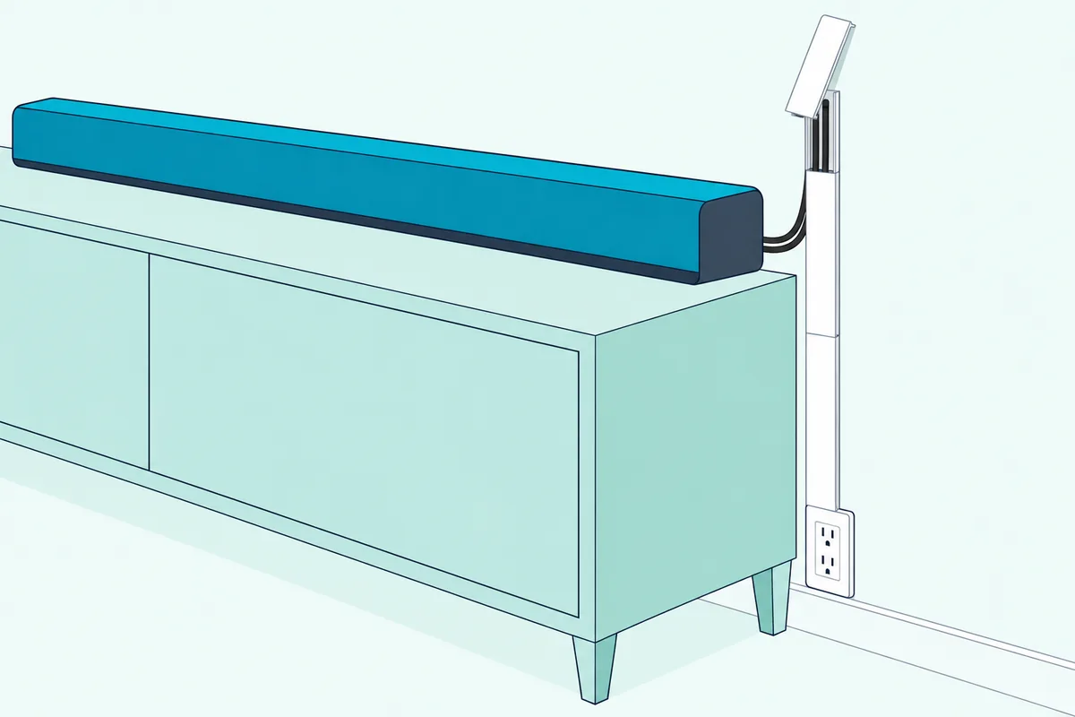 White plastic cord cover channel running straight down a plain wall from a slim soundbar to a wall outlet