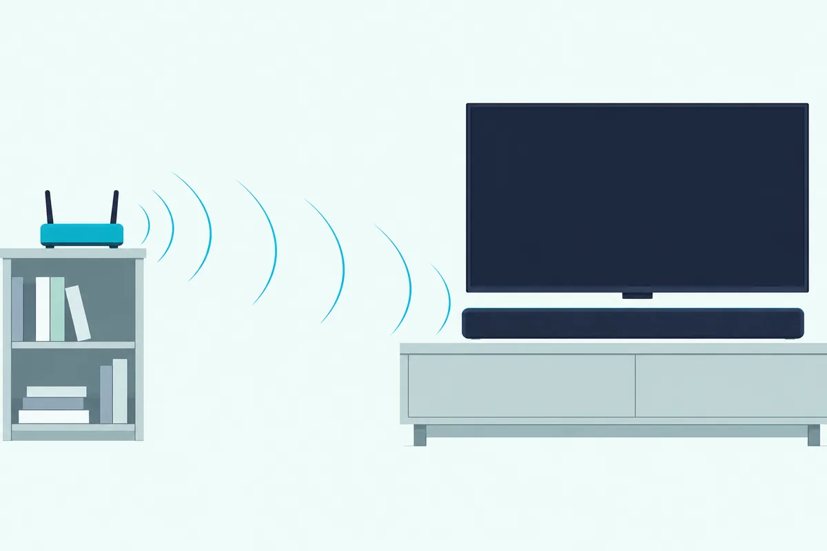 Wi-Fi router with two antennas on a bookshelf sending faint signal arcs across a room to a long soundbar on a console