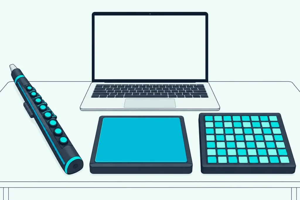 A wind controller, a drum pad and a pad grid side by side in front of an open laptop