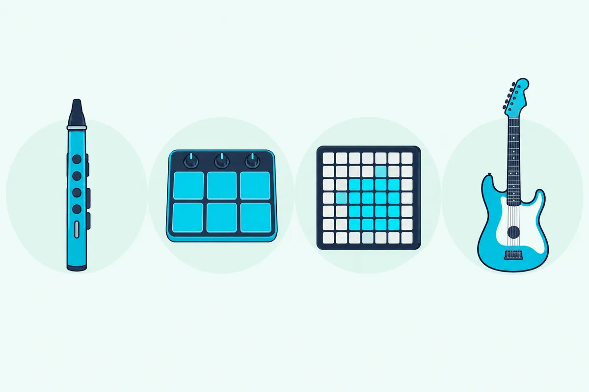 A wind controller, a drum pad, a pad grid and a guitar with a pickup, each in its own circle