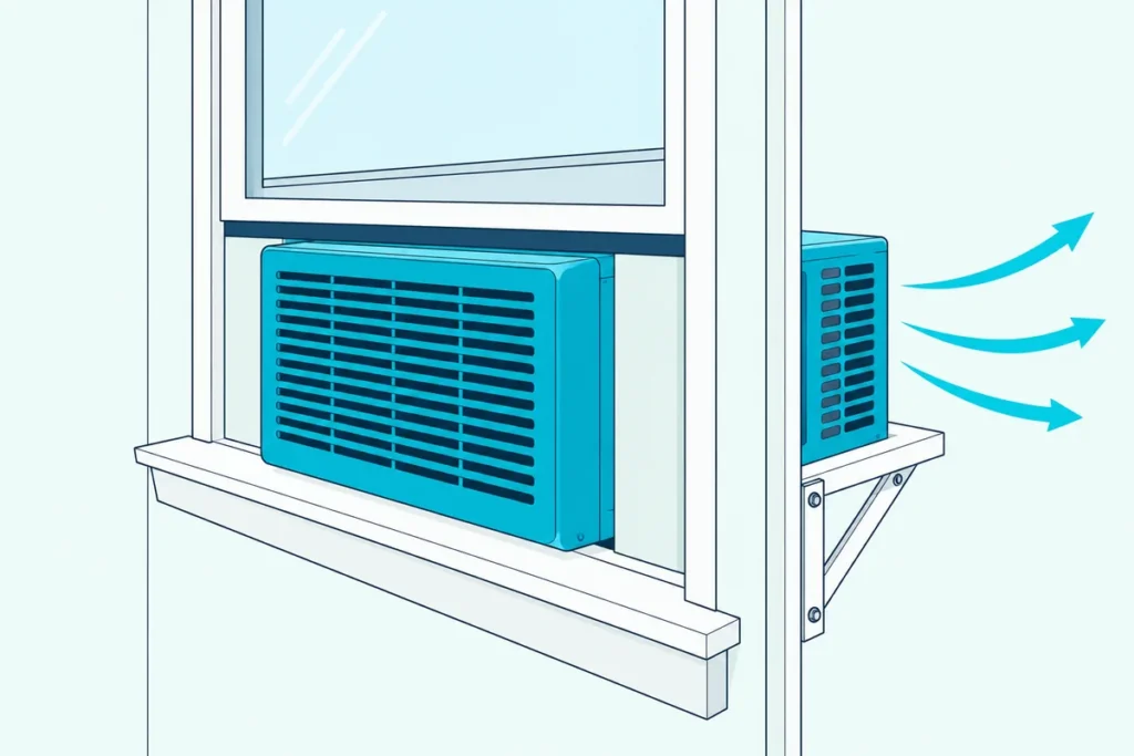 Window air conditioner in a double-hung window on a support bracket, with foam side panels and open air around its back