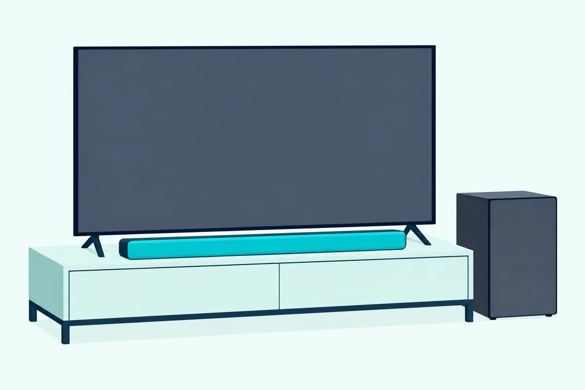 Wireless subwoofer and low soundbar on a living room floor beside a TV stand with a blank screen