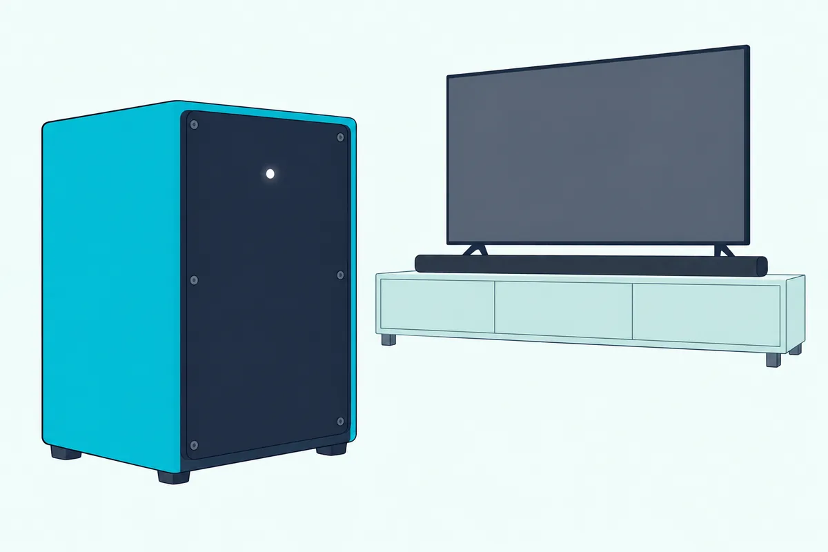 Wireless subwoofer beside a soundbar on a living room floor with a small glowing light on the subwoofer's back panel