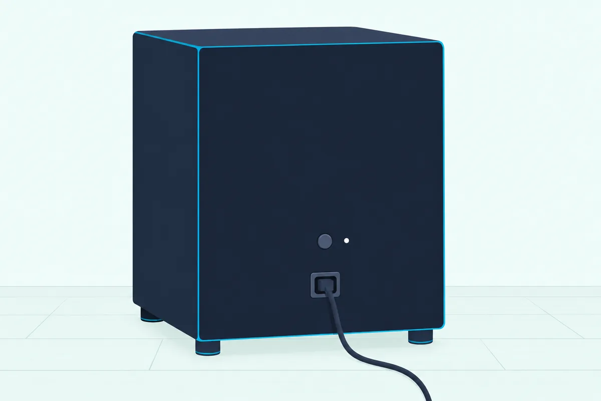 Back panel of a wireless subwoofer with a power port, a small pairing button and a status light