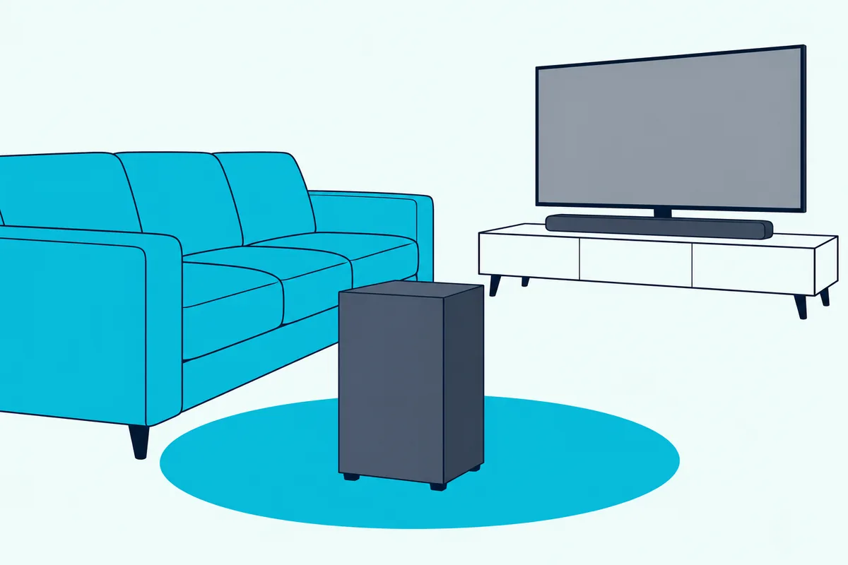 Wireless subwoofer on a living room rug beside a sofa with a low soundbar on a TV stand behind it