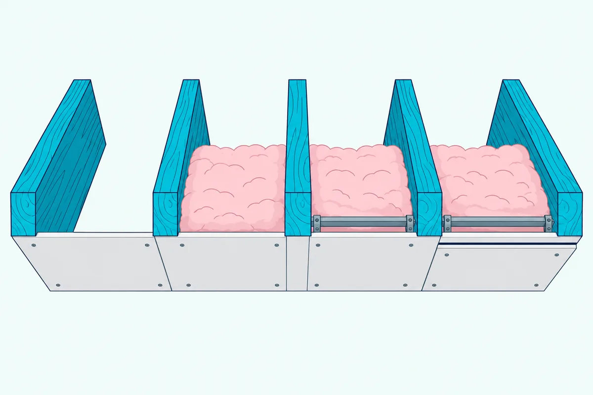 Wood joist ceiling in four cutaway bays, each adding one layer: bare drywall, insulation, channel and a second sheet